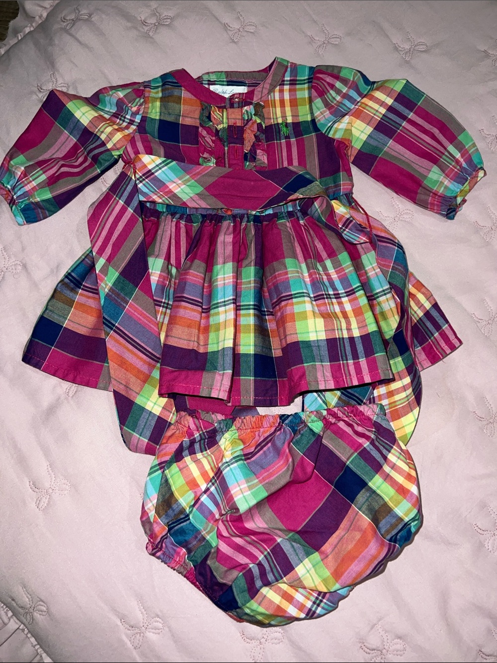 Ralph Lauren Polo Vibrant Multicolor Plaid Baby Dress and Bloomers NWOT